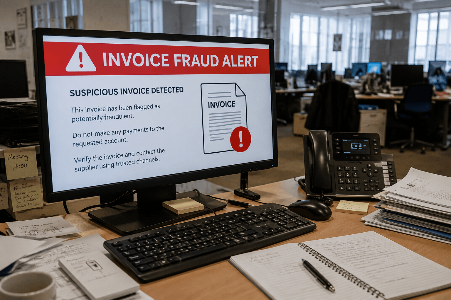 Factura y ordenador con alerta de fraude bancario en oficina